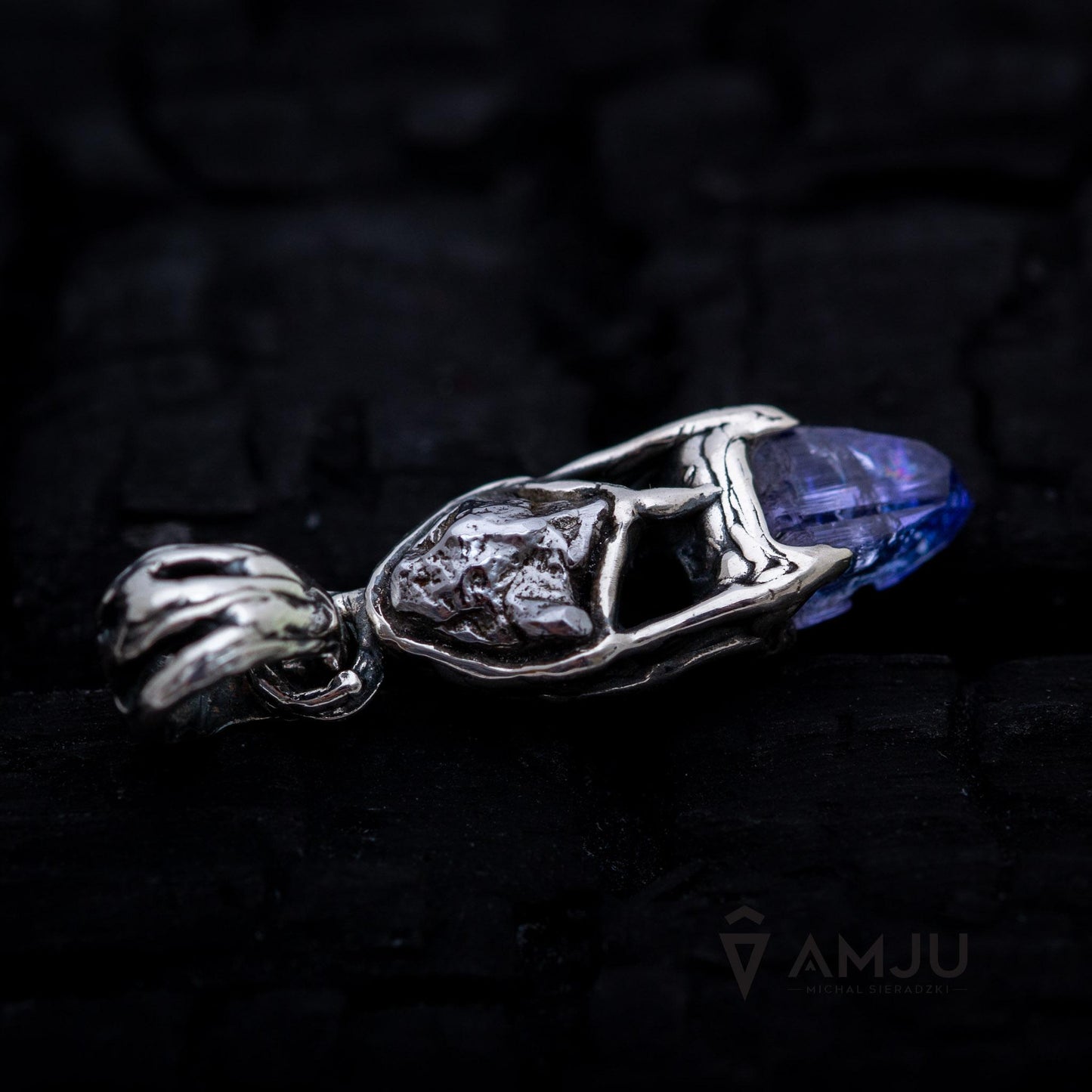 Raw Tanzanite crystal with Campo del Cielo meteorite, pendant