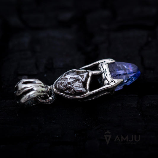 Raw Tanzanite crystal with Campo del Cielo meteorite, pendant