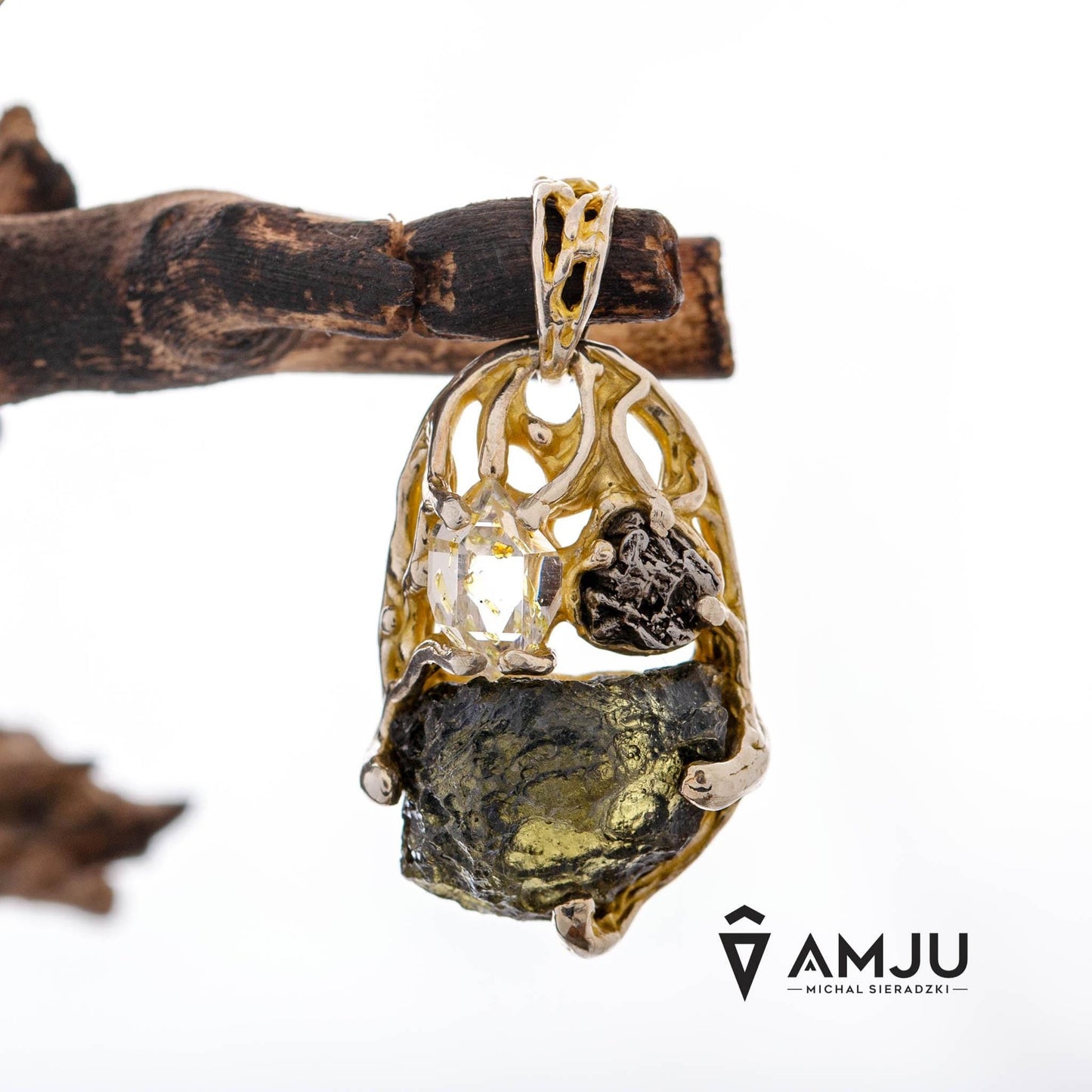 Moldavite, Campo del cielo meteorite with Herkimer Diamond, pendant
