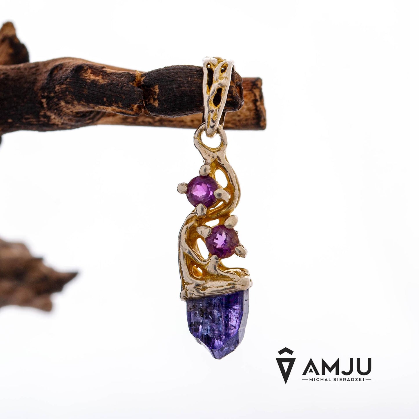 Raw Tanzanite crystal with Amethyste, pendant