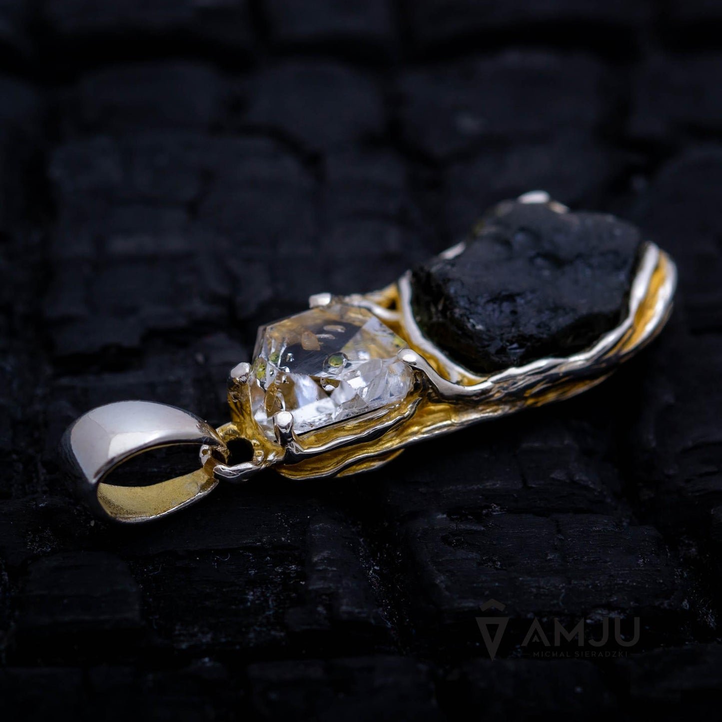 Moldavite with Herkimer Diamond, pendant