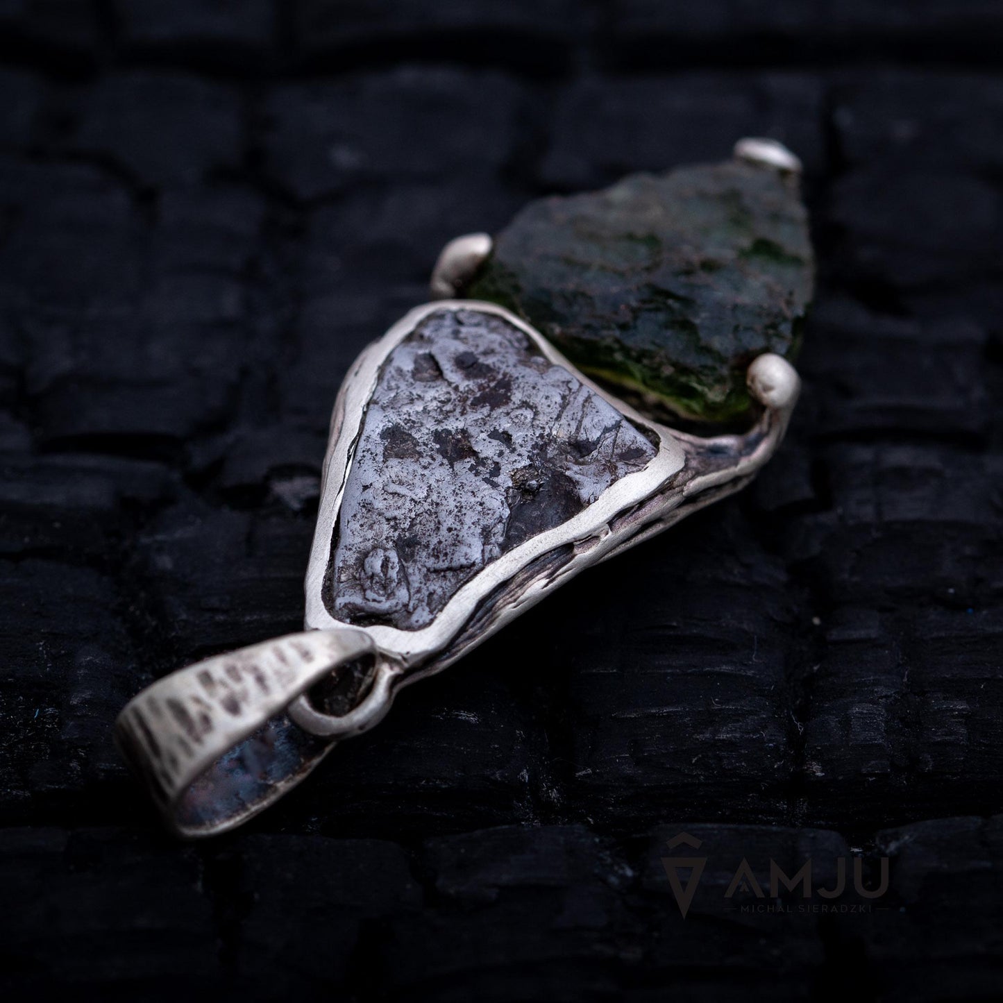 Moldavite with Campo del cielo meteorite, pendant